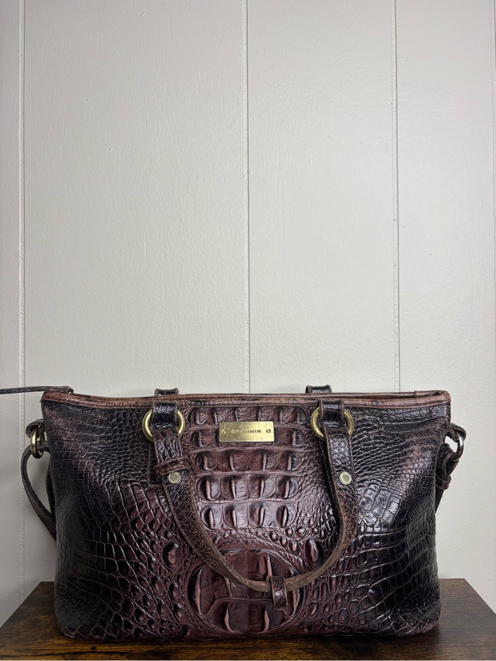 BRAHMIN ASHER SHOULDER PURSE BAG COCOA MELBOURNE LEATHER CROCODILE EMBOSSED